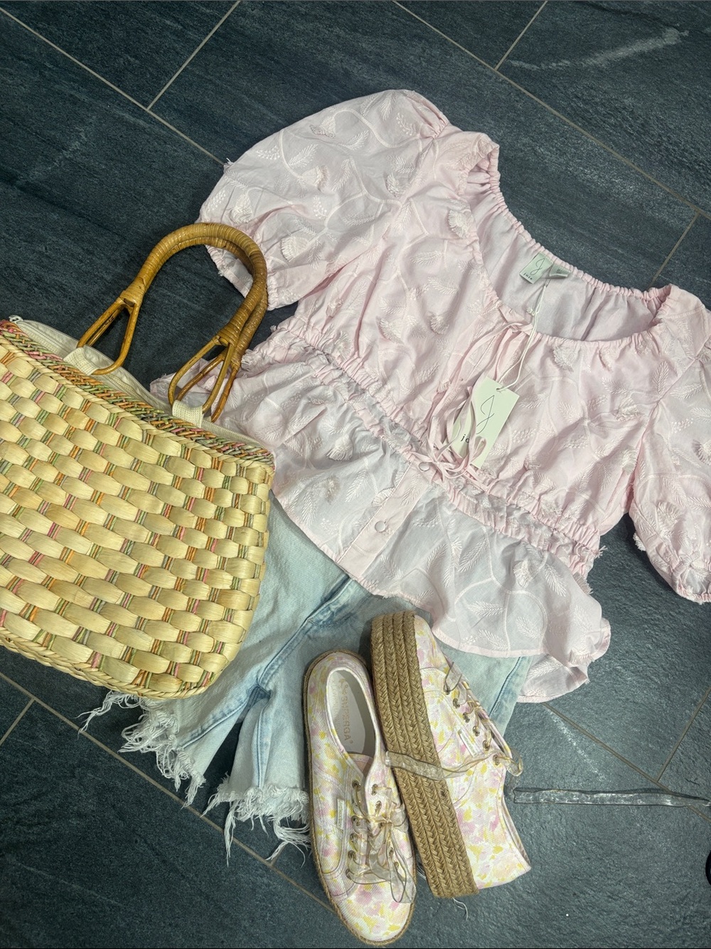 Joie Light Pink Puff Sleeve embroidered  Blouse